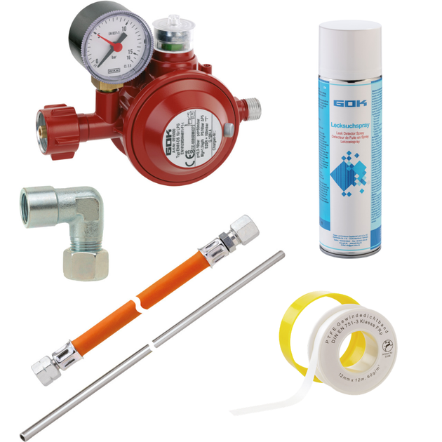 GOK Haushaltsregler Set 50mbar für Gasherde Kochfelder mit zusätzlichem Lecksuchspray