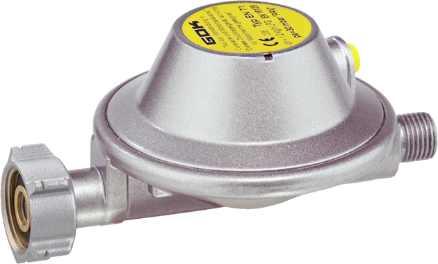 GOK Caramatic BasicOne EN71 – Gasdruckregler 30 mbar 1,2 kg/h mit Überdrucksicherung PRV, Shell-F-Anschluss für französische Gasflaschen (Frankreich & Schweiz)
