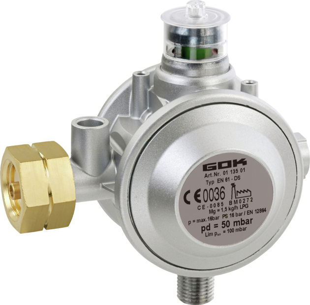 Gasregler EN61-DS 1,5kg/h 50mbar Komb.A x G1/4LH-KN-90G UEDS