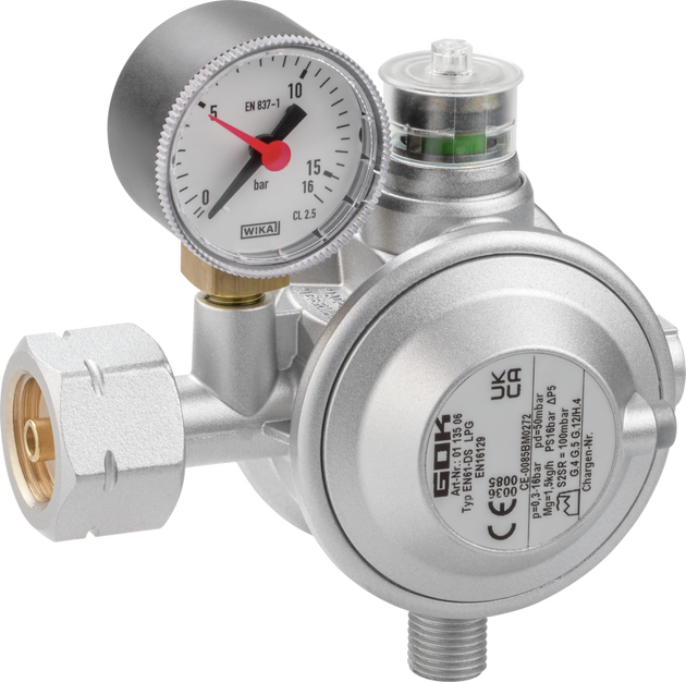 Gasregler EN61-DS 1,5kg/h 50mbar Komb.A x G1/4LH-KN-90G UEDS Man.