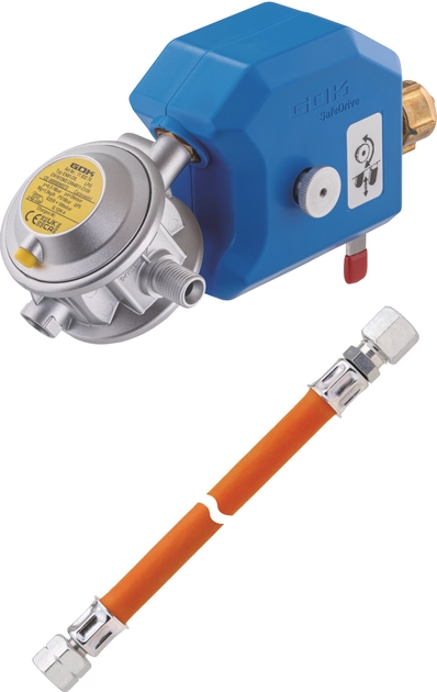 GOK Caramatic SafeDrive 30 mbar 1,5 kg/h – Gasdruckregler mit Crash-Sensor für französische Gasflaschen (Shell-F), Gasbetrieb während der Fahrt, für Wohnmobil & Wohnwagen