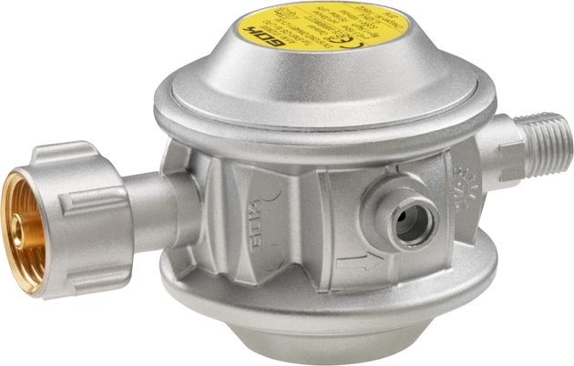 GOK Caramatic BasicOne EN61 – Gasdruckregler 30 mbar 0,8 kg/h mit Überdrucksicherung PRV, Shell-F-Anschluss für französische Gasflaschen (Frankreich & Schweiz)