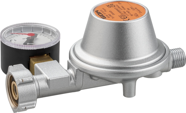 GOK Caramatic BasicOne EN61 – Gasdruckregler 50 mbar 1,5 kg/h mit Manometer & Überdrucksicherung PRV, Shell-F-Anschluss für französische Gasflaschen
