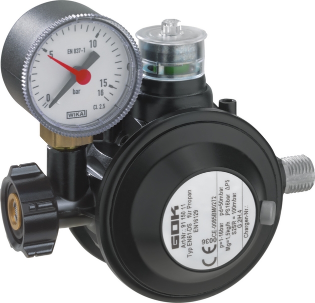 GOK Gasregler PRO EN61-DS – Gasdruckregler 50 mbar 1,5 kg/h mit Überdrucksicherung ÜDS & Manometer, Shell-Anschluss für französische Gasflaschen